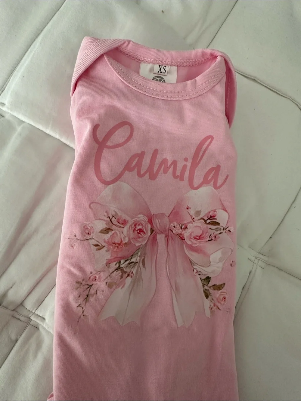 Pink Personalized Floral Baby One-Piece with Hat from Etsy. Name - Camila